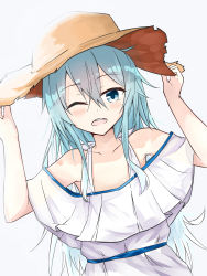 Rule 34 | 1girl, blue eyes, collarbone, cowboy shot, dress, evening rabbit, hair between eyes, hat, hibiki (kancolle), highres, kantai collection, long dress, long hair, looking at viewer, no bra, one eye closed, open mouth, simple background, smile, solo, straw hat, white background