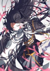 Rule 34 | 1girl, ambiguous red liquid, animal ears, black hair, black horns, black kimono, c4 art, closed mouth, commentary request, cow ears, cow girl, cow horns, expressionless, full body, highres, holding rake, horns, indie virtual youtuber, japanese clothes, kimono, long hair, looking at viewer, makino shiro, multicolored hair, rake, solo, two-tone hair, two-tone kimono, virtual youtuber, white background, white hair, white kimono, yellow eyes