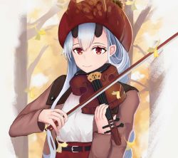 Rule 34 | 1girl, autumn leaves, blouse, bow (music), brown coat, coat, commentary request, ema (kuguiema), fate/grand order, fate (series), forest, hat, horns, instrument, light smile, long hair, looking at viewer, mitsudomoe (shape), music, nature, oni horns, open clothes, open coat, playing instrument, red eyes, red skirt, shirt, sidelocks, silver hair, skirt, solo, tomoe (symbol), tomoe gozen (fate), upper body, violin, white shirt