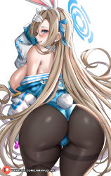 Rule 34 | 1girl, absurdres, animal ears, ass, ass focus, asuna (blue archive), asuna (bunny) (blue archive), blue archive, blue eyes, blue leotard, bow, bowtie, breasts, detached collar, enma (enmanuelart), fake animal ears, from behind, gloves, hair over one eye, halo, highres, huge ass, large breasts, leotard, long hair, looking at viewer, looking back, official alternate costume, pantyhose, playboy bunny, rabbit ears, rabbit tail, smile, solo, thick thighs, thighs, white gloves
