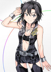 Rule 34 | 1girl, antenna hair, arm at side, arm up, armpits, asymmetrical bangs, bandeau, bare arms, bare shoulders, belt, black eyes, black hair, black hairband, black thighhighs, bracer, breasts, center opening, cleavage, closed mouth, collarbone, commentary request, contrapposto, cowboy shot, garter straps, gradient background, hair between eyes, hair ornament, hairband, high collar, highres, idolmaster, idolmaster (classic), jewelry, kikuchi makoto, looking at viewer, navel, necklace, short hair, sleeveless, small breasts, smile, solo, star (symbol), thighhighs, tsurui