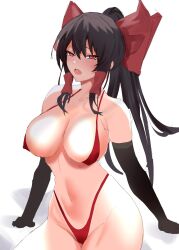 Rule 34 | 1girl, bikini, black gloves, black hair, bow, breasts, cleavage, covered erect nipples, cowboy shot, elbow gloves, enmimontoria, gloves, groin, hair bow, hair tubes, hakurei reimu, highres, large breasts, long hair, looking at viewer, micro bikini, navel, open mouth, ponytail, red bikini, red bow, red eyes, sidelocks, solo, standing, swimsuit, touhou