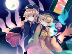 Rule 34 | 2girls, aura, belt, black belt, black dress, black headwear, black sleeves, blonde hair, blue sky, breasts, cape, chinese clothes, cloud, cloudy sky, crescent, detached sleeves, door, dress, drum, energy, hair between eyes, hand up, hat, holding, ikasoba, instrument, junko (touhou), long sleeves, looking at another, looking at viewer, matara okina, medium breasts, moon, mountain, multiple girls, night, night sky, open mouth, orange cape, orange sky, orange sleeves, pom pom (clothes), red eyes, red vest, sky, smile, star (sky), starry sky, sun symbol, sunset, tabard, touhou, tsuzumi, vest, wide sleeves, yellow eyes