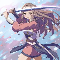 1girl armor brown_eyes brown_hair fire_emblem fire_emblem_fates hana_(fire_emblem) headband holding holding_sword holding_weapon japanese_armor japanese_clothes katana long_hair looking_at_viewer miraioranji nintendo open_mouth samurai solo sword weapon