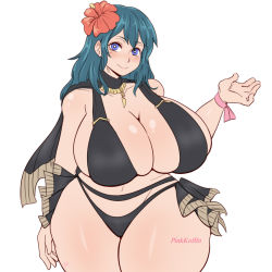 Rule 34 | 1girl, aqua hair, artist name, bikini, blue eyes, blush, breasts, byleth (female) (fire emblem), byleth (fire emblem), cleavage, curvy, fire emblem, fire emblem: three houses, flower, hair flower, hair ornament, huge breasts, long hair, looking at viewer, nintendo, pinkkoffin, plump, smile, solo, swimsuit, thick thighs, thighs, white background, wide hips