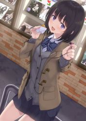 Rule 34 | 1girl, :d, absurdres, black hair, blue eyes, blue skirt, blush, bow, bowtie, brown coat, buttons, cardigan, coat, collared shirt, cowboy shot, duffel coat, earphones, fingernails, food, grey cardigan, highres, holding, holding food, lips, long sleeves, looking at viewer, miniskirt, open clothes, open coat, open mouth, original, photo (object), pleated skirt, purple eyes, scan, school uniform, shiny skin, shirt, short hair, skirt, smile, solo, unasaka ryou, undershirt, white shirt