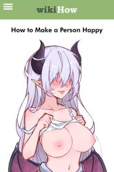 Rule 34 | 1girl, absurdres, ahyra, ara ara, blush, breasts, clothes lift, commentary, curvy, demon, demon girl, demon horns, demon wings, english commentary, fangs, highres, horns, indie virtual youtuber, large breasts, lipstick, long hair, makeup, mature female, naughty face, nipples, non-web source, pointy ears, second-party source, shirt lift, virtual youtuber, vozmad, white hair, wikihow, wings