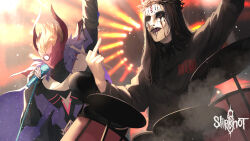 Rule 34 | 2boys, absurdres, barcode, black shirt, cape, commentary, commission, copyright name, crossover, crown of thorns, dress shirt, drumsticks, english commentary, genshin impact, highres, holding, holding drumsticks, holding microphone stand, horns, hsteetee, joey jordison, light particles, long sleeves, male focus, mask, microphone, microphone stand, middle finger, multiple boys, orange hair, red mask, shirt, slipknot, smoke, spotlight, stage, stitched mouth, stitches, tartaglia (genshin impact), wing collar