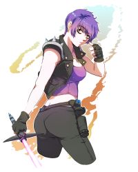 Rule 34 | 1girl, ass, cropped legs, earrings, energy sword, eyeliner, fingerless gloves, from behind, gloves, grey eyes, highres, holster, jacket, jcm2, jewelry, makeup, midriff, necklace, open clothes, open jacket, original, pantylines, purple hair, short hair, solo, spikes, sword, turning head, vest, weapon