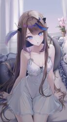 Rule 34 | 1girl, absurdres, airi kanna, antlers, bbony 0 0, bed, black hair, blue eyes, blue hair, blush, breasts, cleavage, commentary, curtains, flower, flower pot, highres, horns, long hair, looking at viewer, medium breasts, multicolored hair, nightgown, parted lips, pillow, pink flower, purple hair, revision, sitting, solo, stellive, stuffed animal, stuffed toy, virtual youtuber, white nightgown, window