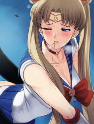 Rule 34 | 1boy, 1girl, bishoujo senshi sailor moon, blonde hair, blue eyes, blue sailor collar, blue skirt, blush, breasts, choker, circlet, cleavage, collarbone, crescent, crescent earrings, derivative work, earrings, hair in own mouth, hair ornament, hair over shoulder, hair strand, heart, heart choker, heavy breathing, highres, implied sex, jewelry, long hair, meme, mouth hold, one eye closed, out-of-frame censoring, parted bangs, red choker, sailor collar, sailor moon, sailor moon redraw challenge (meme), sailor senshi uniform, screenshot redraw, shadow, shirt, short sleeves, skirt, solo focus, sweat, teeth, tsukino usagi, twintails, white shirt, xter