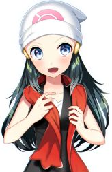 Rule 34 | 1girl, :d, bad id, bad pixiv id, black hair, blue eyes, collarbone, creatures (company), dawn (pokemon), game freak, hat, highres, long hair, nintendo, open mouth, pokemon, pokemon dppt, red scarf, scarf, simple background, smile, solo, upper body, white background, white hat, yuihico