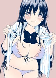 Rule 34 | 1girl, absurdres, bikini, black bow, black bowtie, black hair, blush, bow, bowtie, breasts, cleavage, collared shirt, cowboy shot, front-tie bikini top, front-tie top, hair between eyes, highres, large breasts, lips, long hair, looking at viewer, midriff, navel, open clothes, open shirt, original, pink background, pink eyes, shirt, side-tie bikini bottom, simple background, smile, solo, straight hair, swimsuit, thighs, twitter username, white shirt, yu yu