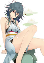 Rule 34 | 1girl, ahoge, bare legs, bare shoulders, blue hair, bracelet, breasts, hair ribbon, jewelry, lily pad, original, red eyes, ribbon, sash, sideboob, sleeveless, smile, solo, sts, white background
