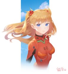 Rule 34 | 1girl, absurdres, blue eyes, blue sky, bodysuit, breasts, cloud, cropped arms, cropped torso, floating hair, frost 002, hairpods, highres, interface headset, long hair, looking at viewer, medium breasts, neon genesis evangelion, orange hair, parted lips, pilot suit, plugsuit, red bodysuit, skin tight, sky, solo, souryuu asuka langley, teeth, two side up