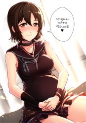 Rule 34 | 10s, 1girl, blush, eye contact, final fantasy, final fantasy xv, go-it, iris amicitia, looking at another, looking at viewer, pregnant, short hair, smile, solo, thai text, translation request