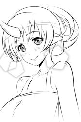 Rule 34 | 1girl, apron, bare shoulders, blush, breasts, cleavage, collarbone, greyscale, highres, horns, large breasts, loen, looking at viewer, monochrome, monster girl, monster musume no iru nichijou, pointy ears, simple background, sketch, smile, solo, tionishia, upper body