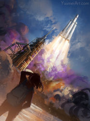 Rule 34 | 1girl, backlighting, backpack, bag, commentary, day, falcon heavy, from behind, from below, highres, long hair, original, outdoors, real life, rocket, sky, smoke, solo, spacecraft, spacex, standing, watermark, web address, wind, yuumei