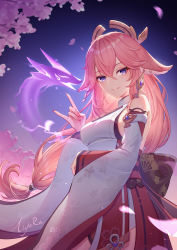Rule 34 | 1girl, absurdres, animal ears, artist name, bare shoulders, breasts, cherry blossoms, commentary request, detached sleeves, floral print, fox ears, genshin impact, grin, hair between eyes, hand up, highres, lightria, long hair, long sleeves, looking at viewer, medium breasts, nail polish, nontraditional miko, pink hair, pink nails, purple eyes, red skirt, signature, skirt, smile, solo, very long hair, wide sleeves, yae miko