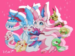 Rule 34 | :d, alcremie, alternate color, azumarill, blue eyes, blush, character doll, commentary request, creatures (company), doll, game freak, gardevoir, gen 2 pokemon, gen 3 pokemon, gen 5 pokemon, gen 6 pokemon, gen 7 pokemon, gen 8 pokemon, half-closed eyes, highres, holding, holding doll, hydreigon, ichino 524, mimikyu, nintendo, open mouth, pink background, pokemon, pokemon (creature), shiny and normal, shiny pokemon, smile, sparkle, swirlix, sylveon, tongue, whimsicott