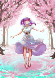 Rule 34 | 1girl, :d, black ribbon, cherry blossoms, dress, fate/stay night, fate (series), floating hair, full body, highres, long dress, long hair, looking at viewer, matou sakura, official alternate costume, open mouth, outstretched arms, purple eyes, purple hair, rei no himo, ribbon, short sleeves, smile, solo, sundress, tsugu0302, white background, white dress