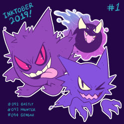 Rule 34 | black eyes, character name, commentary, creature, creatures (company), english commentary, english text, evolutionary line, fangs, floating, full body, game freak, gastly, gen 1 pokemon, gengar, ghost, haunter, highres, inktober, looking at viewer, nintendo, no humans, one eye closed, pokedex number, pokemon, pokemon (creature), purple background, simple background, tonestarr, tongue, tongue out