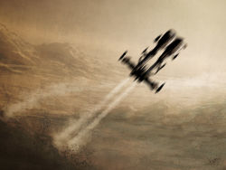Rule 34 | aircraft, artist name, brown sky, brown theme, commentary, day, eve online, flying, frigate (eve online), krats, landscape, military, military vehicle, minmatar republic (eve online), motion blur, mountain, no humans, outdoors, rifter (eve online), science fiction, space ship, spacecraft, spaceship, vehicle focus