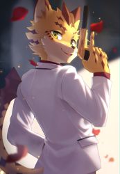 Rule 34 | 1boy, absurdres, blurry, blurry background, commentary request, formal, from behind, furry, furry male, green eyes, highres, holding, holding weapon, long sleeves, looking at viewer, madaato (psgw3383), male focus, ose (housamo), panther boy, panther ears, smile, solo, suit, tail, tokyo houkago summoners, upper body, weapon, white suit