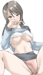 Rule 34 | 1girl, areola slip, blue jacket, blush, breasts, brown eyes, brown hair, covering own mouth, elf (stroll in the woods), girls und panzer, groin tendon, hand over own mouth, highres, jacket, keizoku school uniform, large breasts, long hair, looking at viewer, m legs, medium breasts, midriff, mika (girls und panzer), no bra, panties, pantyshot, pink panties, school uniform, shirt, solo, sweat, underboob, underwear, white background, white shirt