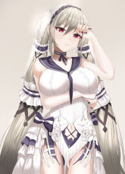 Rule 34 | 1girl, absurdres, azur lane, breasts, closed mouth, collarbone, dress, elbow gloves, feet out of frame, formidable (azur lane), formidable (timeless classics) (azur lane), gloves, hair ribbon, hand on forehead, highres, large breasts, long hair, looking at viewer, nail polish, navel, official alternate costume, partially fingerless gloves, platinum blonde hair, raurashun, red eyes, red nails, ribbon, simple background, solo, standing, twintails, very long hair, white dress