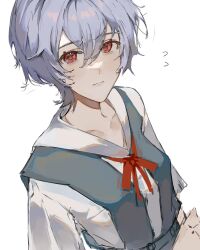 Rule 34 | 1girl, ayanami rei, blue dress, blue hair, bow, bowtie, collarbone, commentary, dress, dutch angle, expressionless, highres, looking at viewer, natsumesan, neon genesis evangelion, own hands together, pinafore dress, red bow, red bowtie, red eyes, red ribbon, ribbon, school uniform, shirt, short hair, simple background, sleeveless, sleeveless dress, solo, tokyo-3 middle school uniform, upper body, white background, white shirt