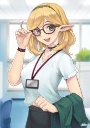 Rule 34 | 1girl, :d, absurdres, adjusting eyewear, black-framed eyewear, black choker, black skirt, blonde hair, blurry, blurry background, breasts, choker, collarbone, commentary, cowboy shot, earrings, elf, gaothun, glasses, green eyes, green hairband, green jacket, hairband, highres, id card, indoors, jacket, jewelry, looking at viewer, medium breasts, mole, mole on neck, office lady, open mouth, original, pointy ears, shirt, shirt tucked in, short sleeves, skirt, smile, solo, teeth, upper teeth only, white shirt