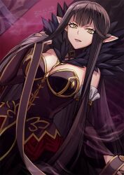 Rule 34 | 1girl, black dress, black hair, breasts, cleavage, dated, detached sleeves, dress, eyelashes, fate/grand order, fate (series), fon-due (fonfon), large breasts, long hair, looking at viewer, open mouth, pointy ears, semiramis (fate), signature, smoke, solo, very long hair, yellow eyes