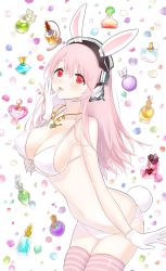 Rule 34 | 1girl, animal ears, bare shoulders, bikini, blush, bottle, breasts, cleavage, fake animal ears, front-tie top, gloves, hand to own mouth, headphones, jewelry, kissai, large breasts, leaning forward, long hair, navel, necklace, nitroplus, open mouth, pendant, perfume bottle, pink hair, rabbit ears, rabbit tail, red eyes, shiny skin, skindentation, solo, strap gap, string bikini, striped clothes, striped thighhighs, super sonico, swimsuit, tail, thighhighs, white bikini, white gloves