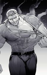 Rule 34 | 1boy, abs, absurdres, animal print, bara, biceps, black eyes, clenched hands, collared shirt, denim, edward wu, greyscale, highres, jeans, kengan (series), kengan omega, kyowo sukkesuke, large pectorals, leather, leather belt, looking at viewer, male focus, manly, mature male, monochrome, muscular, muscular male, nipples, pants, pectorals, shirt, unworn shirt, short hair, smirk, solo, steam, teeth, thick arms, thick thighs, thighs, tight clothes, torn clothes, veins, veiny arms