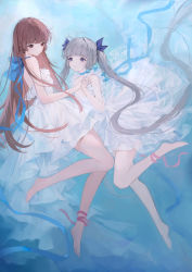 Rule 34 | 2girls, absurdres, ankle ribbon, bare legs, barefoot, blue eyes, blunt bangs, blush, brown eyes, brown hair, choker, daichengqi, dress, floating, floating hair, grey hair, hair ribbon, highres, holding hands, layered dress, leg ribbon, long dress, long hair, looking at another, multiple girls, original, parted lips, ribbon, ribbon choker, sleeveless, sleeveless dress, twintails, very long hair, white dress