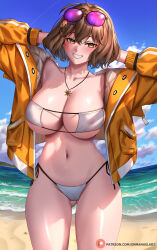 Rule 34 | 1girl, ahoge, anis (nikke), anis (sparkling summer) (nikke), arms behind head, arms up, bare shoulders, beach, bikini, blue sky, blush, breasts, brown hair, cleavage, collarbone, commentary, enma (enmanuelart), eyepatch bikini, eyewear on head, gluteal fold, goddess of victory: nikke, grin, highres, jacket, jewelry, large breasts, long sleeves, looking at viewer, navel, necklace, off shoulder, official alternate costume, open clothes, open jacket, shore, short hair, sky, smile, solo, sunglasses, swimsuit, thighs, white bikini, yellow eyes, yellow jacket