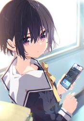 Rule 34 | 1girl, black hair, black shirt, blurry, blurry background, bow, cellphone, closed mouth, commentary request, day, depth of field, hair between eyes, highres, holding, holding phone, indoors, long sleeves, looking at viewer, looking to the side, mamyouda, original, phone, purple eyes, sailor collar, shirt, short hair, solo, sunlight, twitter, upper body, white sailor collar, window, yellow bow