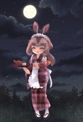 Rule 34 | 1girl, animal ears, apron, barefoot, blush, brown hair, brown kimono, closed eyes, commentary request, detached sleeves, frilled apron, frilled kimono, frills, full moon, highres, japanese clothes, japanese hare (kemono friends), kemono friends, kimono, kuromitsu (9633 kmfr), light brown hair, maid, maid headdress, moon, multicolored hair, night, night sky, plaid kimono, ponytail, rabbit ears, rabbit girl, rabbit tail, sandals, short hair, sidelocks, sky, socks, solo, tail, tea, tray, wa maid, white apron, white socks, zouri