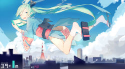 Rule 34 | 1girl, 39, absurdres, ass, bad id, bad pixiv id, city, cloud, day, geta, giant, giantess, green eyes, green hair, hatsune miku, highres, japanese clothes, kimono, long hair, looking at viewer, matching hair/eyes, no panties, one eye closed, open mouth, ryuutsuki basetsu, socks, solo, tokyo tower, twintails, very long hair, vocaloid, wink