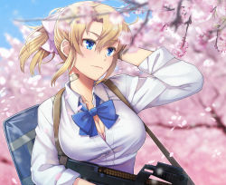 Rule 34 | 1girl, bag, bandaid, blonde hair, blue bow, blue bowtie, blue eyes, blue sky, blush, bow, bowtie, breasts, bullpup, cartridge, cherry blossoms, cleavage, cloud, collared shirt, day, floating hair, gun, hair ribbon, hand in own hair, highres, holding, holding gun, holding weapon, itou (onsoku tassha), large breasts, long hair, magazine (weapon), original, outdoors, p90, personal defense weapon, pink ribbon, ponytail, revision, ribbon, school uniform, shirt, sky, smile, solo, submachine gun, uniform, weapon