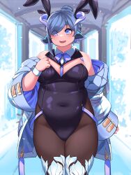 Rule 34 | 1girl, absurdres, animal ears, blue eyes, blue hair, blue theme, blurry, blurry background, blush, breasts, commentary, covered navel, cowboy shot, dated, dot nose, english commentary, fake animal ears, hair over one eye, highres, horns, long sleeves, looking at viewer, medium breasts, open mouth, original, pantyhose, plump, signature, solo, straight-on, tajyador, thick eyebrows, thick thighs, thighhighs, thighs, wing collar, wrist cuffs