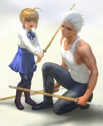 Rule 34 | 1boy, 1girl, aged down, ahoge, archer (fate), artoria pendragon (all), artoria pendragon (fate), black pantyhose, blonde hair, blue eyes, blue skirt, boots, braid, brown eyes, brown footwear, child, commentary, dark-skinned male, dark skin, english commentary, fate/stay night, fate (series), infi, on one knee, open mouth, pantyhose, saber (fate), shadow, shinai, skirt, sword, tank top, weapon, white hair