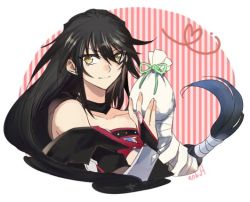 Rule 34 | 1girl, aonagi (a-lot-of), bag, bandaged arm, bandages, black hair, bridal gauntlets, collarbone, green ribbon, hair between eyes, heart ribbon, holding, holding bag, long hair, looking at viewer, low-tied long hair, ribbon, smile, solo, striped, striped background, tales of (series), tales of berseria, upper body, velvet crowe, very long hair, white background, yellow eyes