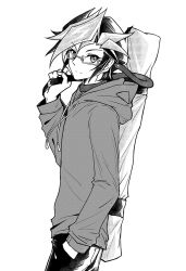 Rule 34 | 1boy, alternate costume, cang (iphis233), casual, fujiki yusaku, glasses, hand in pocket, holding, hood, hood down, hoodie, long sleeves, looking at viewer, male focus, monochrome, multicolored hair, pants, simple background, spiked hair, white background, yu-gi-oh!, yu-gi-oh! vrains