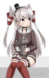 Rule 34 | 1girl, amatsukaze (kancolle), brown dress, brown eyes, commentary request, dress, feet out of frame, garter straps, gloves, hair tubes, hat, kantai collection, long hair, looking to the side, masara (chuujou), mini hat, one-hour drawing challenge, red thighhighs, rensouhou-kun, sailor dress, short dress, silver hair, simple background, single glove, sitting, striped clothes, striped thighhighs, thighhighs, two side up, white background, white gloves