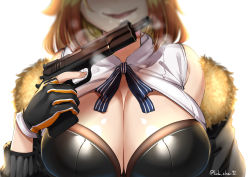 Rule 34 | 1girl, absurdres, bare shoulders, black jacket, blue ribbon, blurry, breast focus, breasts, breath, brown hair, cleavage, depth of field, evil smile, facing viewer, fingerless gloves, fur-trimmed jacket, fur trim, girls&#039; frontline, gloves, grizzly mkv (girls&#039; frontline), gun, handgun, head out of frame, highres, holding, holding gun, holding weapon, jacket, l.a.r. manufacturing, lar grizzly win mag, large breasts, long sleeves, lulu-chan92, off shoulder, ribbon, shirt, short hair, smile, smoke, solo, weapon, white shirt