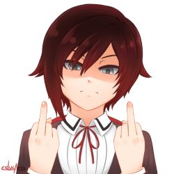 Rule 34 | 1girl, artist name, cslucaris, double middle finger, frown, middle finger, red hair, ruby rose, rwby, school uniform, shaded face, grey eyes, simple background, solo, white background