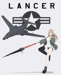 Rule 34 | 1girl, ahoge, aircraft, airplane, artist name, asymmetrical legwear, atamonica, b-1 lancer, blush, brown hair, commentary, english commentary, grin, heavy bomber, highres, hood, hoodie, lance, long hair, looking at viewer, military, north american rockwell, original, oversized clothes, oversized shirt, penetrator (aircraft), polearm, rockwell international, shirt, shoes, shorts, single thighhigh, smile, sneakers, strategic bomber, supersonic aircraft, thighhighs, united states air force, vehicle focus, weapon