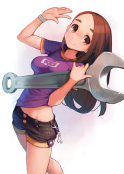 Rule 34 | 1girl, ataruman, blouse, bracelet, breasts, chromatic aberration, closed mouth, forehead, hands up, highres, jewelry, long hair, looking at viewer, medium breasts, midriff peek, oversized object, purple shirt, real life, shirt, short shorts, shorts, simple background, smile, solo, standing, tareme, thick eyebrows, twitch.tv, vohiyo, volary (twitch.tv), white background, wrench